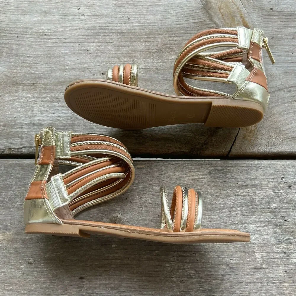 kidpik Girls Sandals Size 2 Gold‎ Brown Gladiator Style Back Zip Strappy